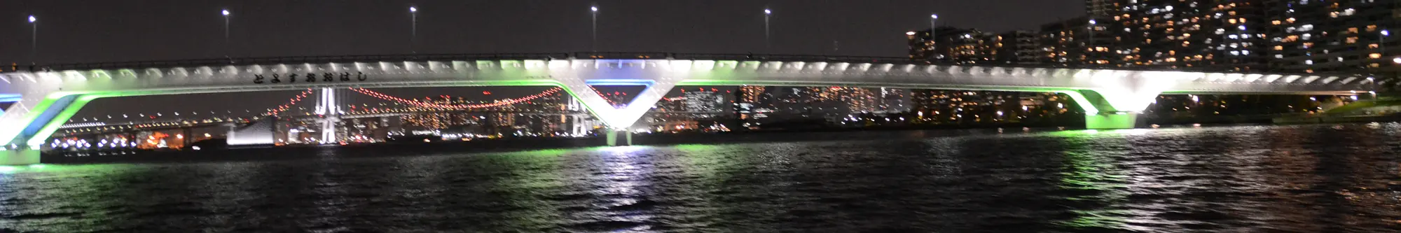 Toyosu Ōhashi bridge lit in green and white above dark water at night; a general photograph of the Toyosu waterfront, not of the museum
