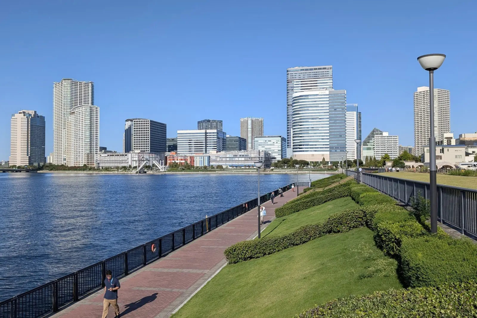 A brick promenade with railings and clipped hedges beside the water, with towers across the bay under a blue sky; a general photograph of the Toyosu waterfront